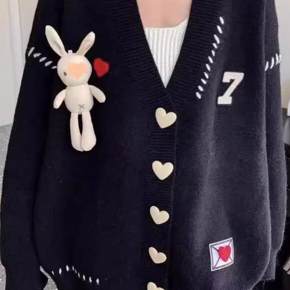 Missing You Cozy Oversized Cardigan With Attached Stuffed Animal Rabbit - Picture 3 of 3